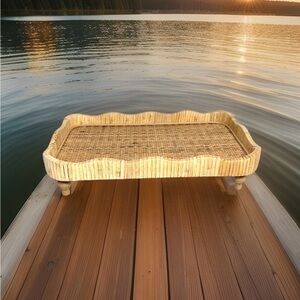 Vintage Woven Rattan Scalloped Tray Footed Wicker Bamboo Vanity Serving 15.5in